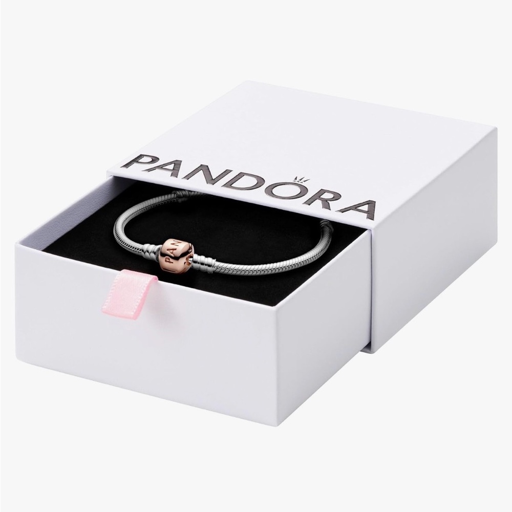 Pandora Silver Snake Chain Bracelet with Rose Gold Logo Charm